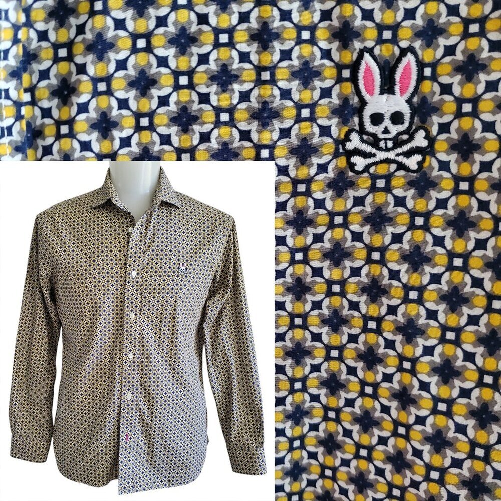 Psycho Bunny 100% Pima Cotton Geometric Printed Long Sleeve Button Down Shirt M - Picture 1 of 13